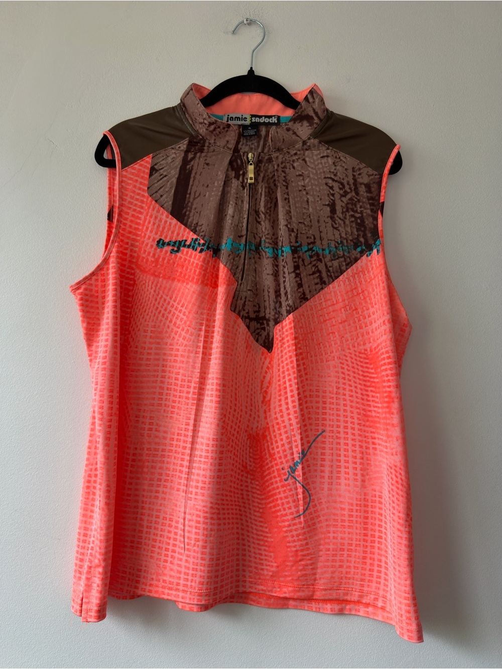 Jamie Sadock Womens XL Neon Coral Brown Abstract Golf Top Sleeveless 1/4 Zip